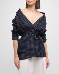 Brunello Cucinelli - Metallic Pinstripe Cotton Gauze Belted Double-breasted Blazer Jacket - Lyst