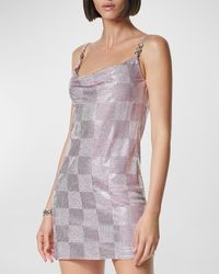 Versace - Damier Strass Embellished Cowl-Neck Sleeveless Metallic Jersey Mini Dress - Lyst