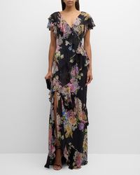 Teri Jon - Floral-Print Ruffle Chiffon Gown - Lyst