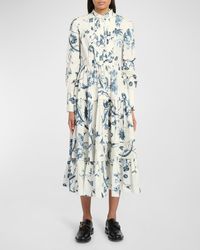 Erdem - Floral-print Long-sleeve Tiered Shirtdress With Bib-front - Lyst