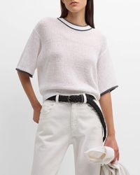 Brunello Cucinelli - Contrast Varsity Stripe Short-sleeve Linen Paillette Knit Sweater - Lyst