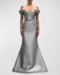 Romona Keveža - Pleated Off-The-Shoulder Cap-Sleeve Trumpet Gown - Lyst