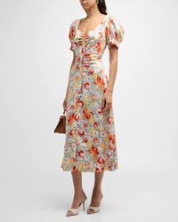 Cinq À Sept - Ximena Draped Floral Puff-Sleeve V-Neck Midi Dress - Lyst