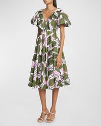 Talbot Runhof - Leaf-Print Puff-Sleeve Fit-&-Flare Midi Dress - Lyst