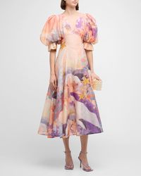 LEO LIN - Lara Puff-sleeve Coral-print Maxi Dress - Lyst