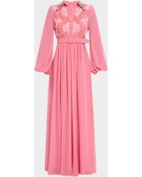 Badgley Mischka - Belted Floral-Embroidered Shirt Gown - Lyst