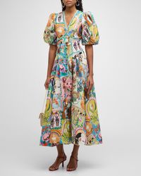 ALÉMAIS - Evergreen Puff-Sleeve Printed Linen Midi Dress - Lyst