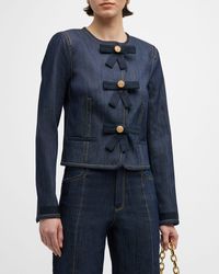 Cinq À Sept - Taya Bow-Embellished Topstitched Denim Crop Jacket - Lyst