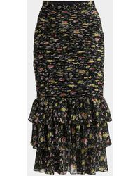 Valentino Garavani - Ruched Flower Print Midi Skirt With Ruffle Hem - Lyst