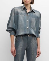 LAQUAN SMITH - Denim-Printed Leather Oversized Button-Down Shirt - Lyst