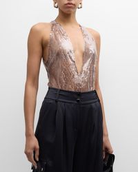 LAPOINTE - Sheer Sequined Plunge-Neck Bodysuit - Lyst