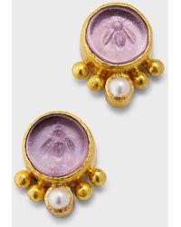 Elizabeth Locke - 19k Round Tiny Bee Earrings With 3mm Pearls, Mulberry - Lyst