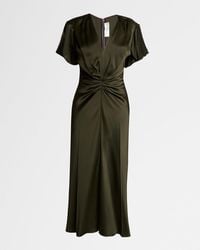 Victoria Beckham - Bella V-Neck Ruched Satin Midi Dress - Lyst