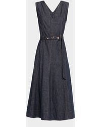 brunello denim dress Brunello Cucinelli Denim Belted Midi Dress With Monili Neckline