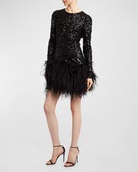 Dolce & Gabbana - Sequin Long-Sleeve Mini Dress With Ostrich Feather Trim - Lyst