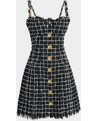 Balmain - Buttoned Check Tweed Chain-Strap Mini Dress - Lyst