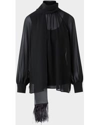 Akris - Feather-Trim Scarf Silk Georgette Blouse - Lyst