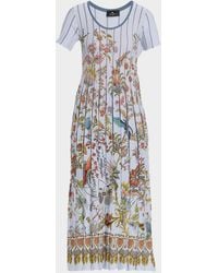 Etro - Floral-Print Pleated Short-Sleeve Midi Dress - Lyst