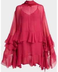 Chloé - Tiered Ruffle Silk Mousseline Long-Sleeve Mini Dress - Lyst