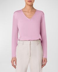 Akris - V-Neck Long-Sleeve Cashmere-Silk Fine Gauge Seamless Sweater - Lyst