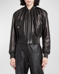 Alexander McQueen - Ruched Leather Crop Bomber Jacket - Lyst