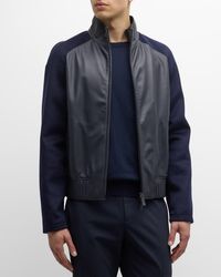 Emporio Armani - Leather Bomber Jacket With Knit Sleeves - Lyst