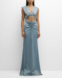 LAPOINTE - Plunging Shirred Cutout Stretch Satin Sleeveless Maxi Dress - Lyst