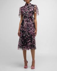 Carolina Herrera - Floral-Print Short-Sleeve Belted Organza Midi Shirtdress - Lyst