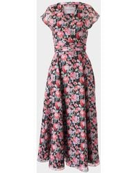 Carolina Herrera - V-Neck Floral Silk Cap-Sleeve Midi Dress - Lyst