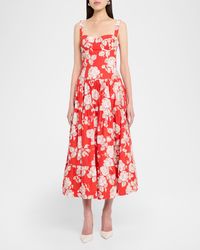 Cara Cara Phoebe Floral Linen And Silk Midi Bustier Dress in Brown | Lyst