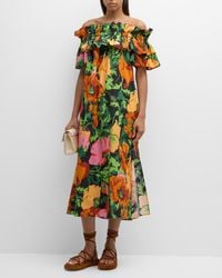 La DoubleJ - Breakfast Floral-print Ruffle Off-the-shoulder Midi Dress - Lyst