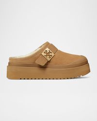 Tory Burch - Mellow Suede Shearling Buckle Platform Loafer Mules - Lyst