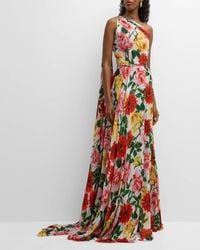 Naeem Khan - One-shoulder Floral Print Gown With Cape Detail - Lyst