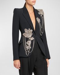 Alexander McQueen - Peak Shlouder Blazer Jacket With Floral Crystal Chain Detail - Lyst