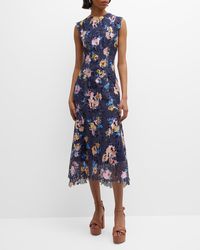 Monique Lhuillier - Floral-Printed Lace Sleeveless Midi Dress - Lyst