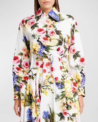 Dolce & Gabbana - Floral Print Cropped Poplin Shirt With Front Tie - Lyst