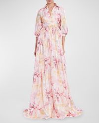 Badgley Mischka - Blouson-Sleeve Shimmer Floral-Print Empire Gown - Lyst