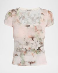 Alberta Ferretti - Floral-Print Lightweight Merino Wool Short-Sleeve Sweater - Lyst