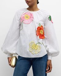 Oscar de la Renta - Poppy-Embroidered Long-Sleeve Oversized Cotton Blouse - Lyst
