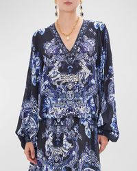 Camilla - V-Neck Blouson-Sleeve Printed Silk Blouse - Lyst