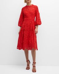 Teri Jon - Blouson-Sleeve Floral Lace Midi Dress - Lyst