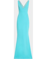 Reem Acra - Sleeveless V-Neck Backless Crepe Gown With Beaded Trim - Lyst