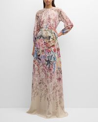 Teri Jon - Blouson-Sleeve Floral-Print Chiffon Gown - Lyst