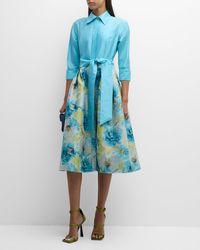 Teri Jon - 3/4-Sleeve Floral Jacquard Midi Shirtdress - Lyst