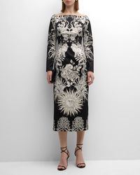 Lela Rose - Graphic-Print Long-Sleeve Square-Neck Midi Dress - Lyst
