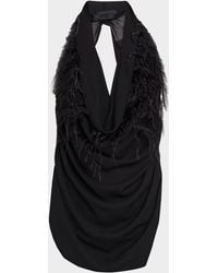 LAPOINTE - Feather-Trim Draped Georgette Halter Top - Lyst