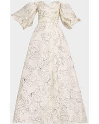 Monique Lhuillier - Off-The-Shoulder Floral Blouson-Sleeve Ball Gown - Lyst