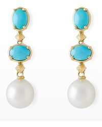 Pearls By Shari - 18k Yellow Gold Oval Turquoise, 11mm South Sea Pearl And Small Cube Drop Earrings - Lyst