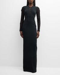 Pamella Roland - Crepe Gown With Lace Panels And Sleeves - Lyst