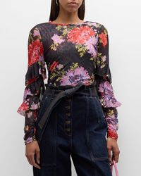 Cinq À Sept - Elle Floral-Print Ruffle-Sleeve Shirred Top - Lyst
